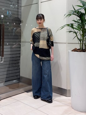 「KBF（ケイビーエフ）のパッチワークルーズニット（ニット/セーター、ベージュ系）」を使った、河野楓佳さん（レディース・157cm）の夏コーディネート