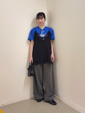 「KBF（ケイビーエフ）のパイピングイージーパンツ（その他パンツ、グレー系）」を使った、河野楓佳さん（レディース・157cm）の春コーディネート
