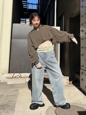 「KBF（ケイビーエフ）のサボベルトサンダル（サンダル）」を使った、河野楓佳さん（レディース・157cm）の冬コーディネート