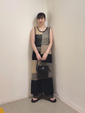 「KBF（ケイビーエフ）のパッチワークニットワンピース（ワンピース、ベージュ系）」を使った、河野楓佳さん（レディース・157cm）の夏コーディネート