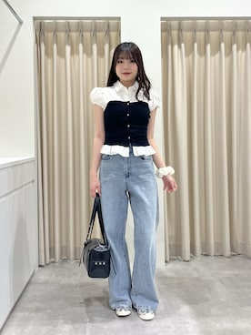 「FREE'S MART（フリーズマート）のビスチェドッキングパフスリーブ半袖ブラウス（Tシャツ/カットソー、ブラック系）」を使った、misakiさん（レディース・163cm）の春コーディネート