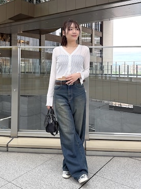 「FREE'S MART（フリーズマート）の◆シアーチュールレースカーディガン（Tシャツ/カットソー、ホワイト系）」を使った、misakiさん（レディース・163cm）の夏コーディネート