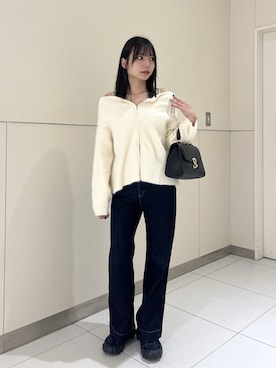 「FREE'S MART（フリーズマート）の◆〈ＭＦＭ〉前後２ＷＡＹオフショルシャギージップカーデ（ニット/セーター）」を使った、misakiさん（レディース・163cm）の秋コーディネート