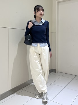 「FREE'S MART（フリーズマート）の◆シャツフェイクレイヤード深Ｕネックカットソー（Tシャツ/カットソー、ブルー系）」を使った、misakiさん（レディース・163cm）の春コーディネート