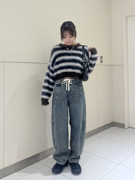 「FREE'S MART（フリーズマート）の◆シャギーボーダークロップドニット（ニット/セーター）」を使った、misakiさん（レディース・163cm）の秋コーディネート