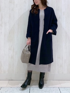 「Vネック」｜「アイテム（ノーカラーコート）」を使った、rd.yu-riさん（レディース・155cm）の冬コーディネート