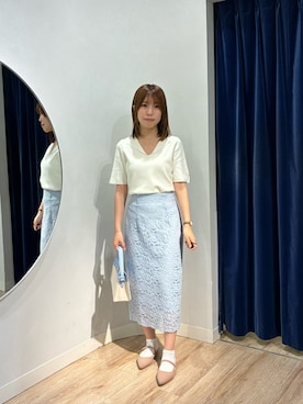 「NOLLEY’S Sophi（ノーリーズソフィ）のウォッシャブルコードレースタイトスカート（スカート、ブルー系）」を使った、fujiwaraさん（レディース・153cm）の春コーディネート