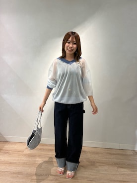 「Rie Miller（リエミラー）のシアー2WAYカーディガン星インターシャ（カーディガン/ボレロ、ブルー系）」を使った、fujiwaraさん（レディース・153cm）の春コーディネート