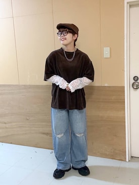 「LOWRYS FARM（ローリーズファーム）のベロアレースレイヤードＴ　1063262（Tシャツ/カットソー、ブラウン系）」を使った、RIKOさん（レディース・155cm）の夏コーディネート
