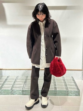 「アイテム（ノーカラージャケット）」を使った、emmiさん（メンズ・155cm）の冬コーディネート