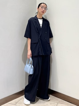 「emmi（エミ）のフェイクレザーパイピングミニボストンバッグ（ボストンバッグ）」を使った、emmiさん（レディース・165cm）の夏コーディネート