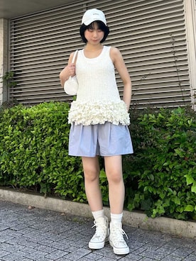 「アイテム（トップス）」を使った、emmiさん（メンズ・155cm）の夏コーディネート