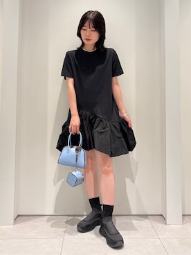 「emmi（エミ）のフェイクレザーパイピングミニボストンバッグ（ボストンバッグ）」を使った、emmiさん（レディース・154cm）の夏コーディネート