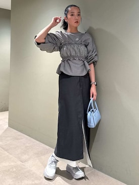 「emmi（エミ）のフェイクレザーパイピングミニボストンバッグ（ボストンバッグ）」を使った、emmiさん（レディース・165cm）の夏コーディネート