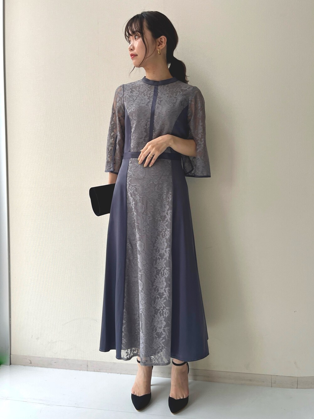 callarus 袖スリットレース切替ワンピースドレス 極美品:カラルス 5L