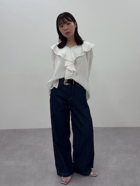 「nissen（ニッセン）の＜2月20日午前11時販売開始＞【i Deni】6.7ozデニムバギーパンツ（はっ水）＜大きいサイズ有＞（スウェットパンツ、ブルー系）」を使った、ちささん（レディース・158cm）の春コーディネート