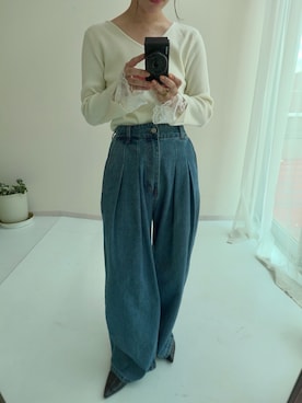 「nissen（ニッセン）のデニムタックバギーパンツ（デニムパンツ）」を使った、ちささん（レディース・158cm）の夏コーディネート