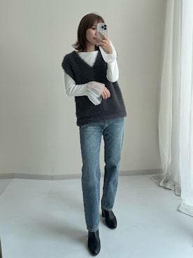 「nissen（ニッセン）のハイウエストストレートデニムパンツ　ノンストレッチジーンズ（デニムパンツ）」を使った、ちささん（レディース・158cm）の秋コーディネート