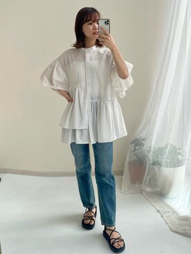 「nissen（ニッセン）のハイウエストストレートデニムパンツ　ノンストレッチジーンズ（デニムパンツ）」を使った、ちささん（レディース・158cm）の夏コーディネート