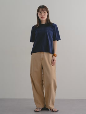 「nissen（ニッセン）の綿１００％エンボスロゴクロップド丈こなれTシャツ＜大きいサイズ有＞（Tシャツ/カットソー、ブルー系）」を使った、ちささん（レディース・158cm）の春コーディネート