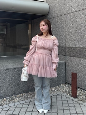 「one after another NICE CLAUP(ワンアフターアナザーナイスクラップ)のティアードミニワンピース(ワンピース、ピンク系)」を使った、mirekaさん(レディース・146cm)の春コーディネート