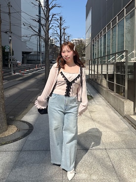 「one after another NICE CLAUP(ワンアフターアナザーナイスクラップ)の【セット対応】配色レースニットビスチェ(キャミソール、ピンク系)」を使った、mirekaさん(レディース・146cm)の春コーディネート