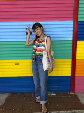 「UNIQLO（ユニクロ）のアイテム（デニムパンツ、ブルー系）」を使った、chamiさん（レディース・149cm）の夏コーディネート