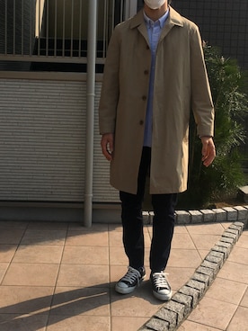 「ストライプ」｜「アイテム（ステンカラーコート）」を使った、S24さん（メンズ・178cm）の春コーディネート