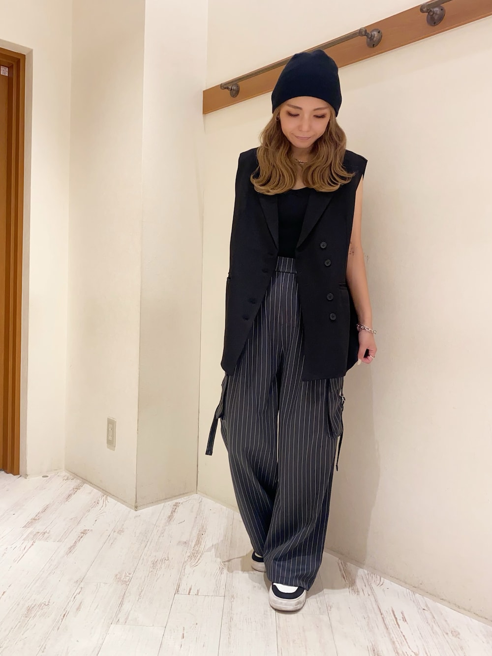 PG ストライプ カーゴパンツ レディース カーゴパンツを使った「ピン