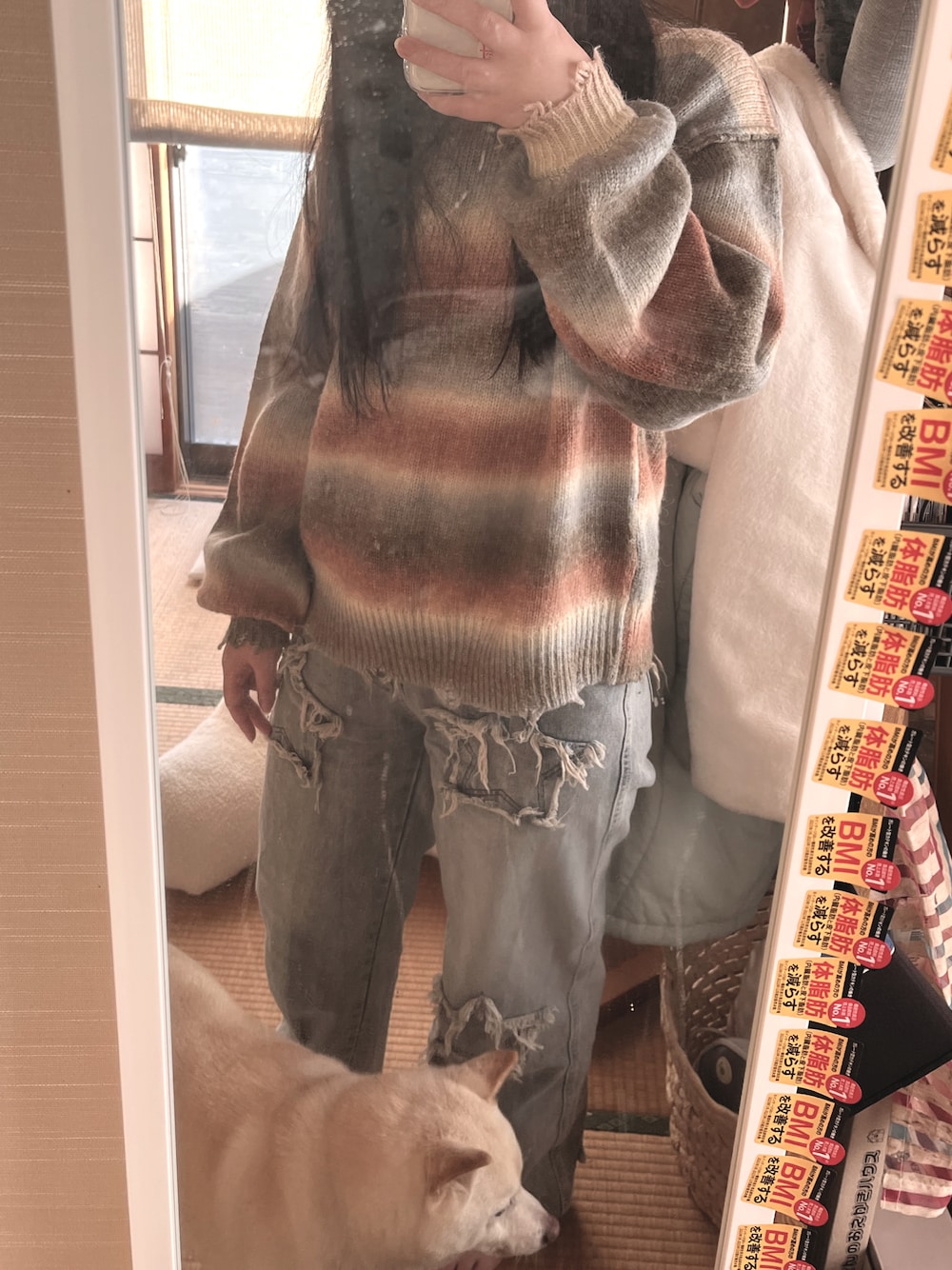 「淡色コーデ、冬服、お出かけコーデ、ニット/セーター、休日スタイル、韓国ファッション、大人かわいい、パンツコーデ、プチプラコーデ、ラフコーデ、ジーンズ、しまむら、ニット」｜「SHEINのデニム（デニムパンツ、ブルー系）」を使った、heika さん（レディース・161cm）の冬コーディネートの1枚目の写真