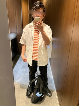 「UNIQLO（ユニクロ）のボーダーT（半袖）（Tシャツ/カットソー、オレンジ系）」を使った、FRさん（メンズ・159cm）の秋コーディネート