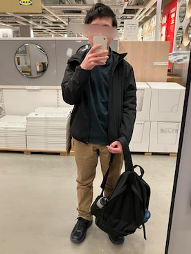 「GU（ジーユー）のアイテム（その他アウター、ブラック系）」を使った、flさん（メンズ・159cm）の春コーディネート