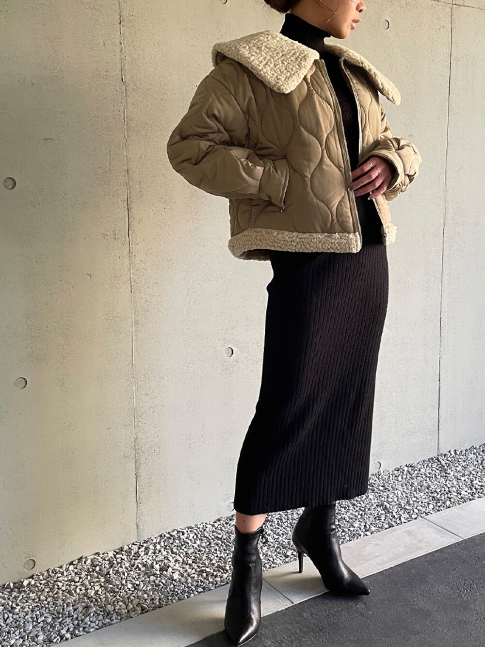 「JUNOAHのオーバーカラーキルティングボアブルゾン（ブルゾン、ベージュ系）」を使った、moi☺︎さん（レディース・154cm）の冬コーディネートの1枚目の写真