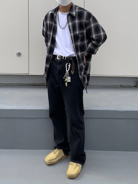 「UNIQLO（ユニクロ）のエアリズムコットンオーバーサイズTシャツ（5分袖）（Tシャツ/カットソー）」を使った、Fuuyaさん（メンズ・165cm・20代）の秋コーディネート