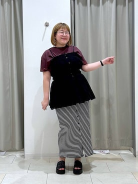 「LOWRYS FARM（ローリーズファーム）のギャザーキャミチュニック 1046070（キャミソール、ブラック系）」を使った、たけちゃんさん（レディース・161cm）の夏コーディネート