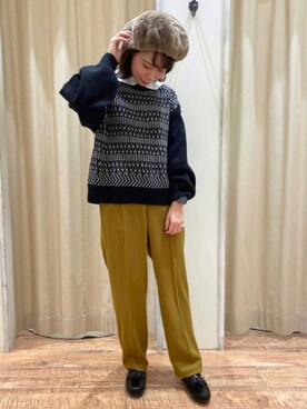 「センタープレスパンツ」｜「アイテム（ハンチング/ベレー帽）」を使った、🌱メグミさん（レディース・154cm）の秋コーディネート