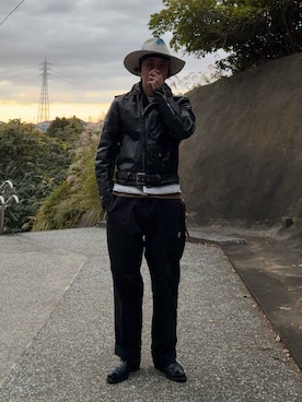 「アイテム（ライダースジャケット）」を使った、mm96さん（メンズ・168cm）の秋コーディネート