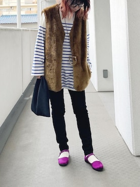 「アイテム（バレエシューズ、パープル系）」を使った、hiiibarさん（レディース・157cm）の冬コーディネート