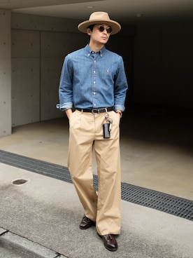 「POLO RALPH LAUREN（ポロ ラルフ ローレン）のクラシック フィット デニム シャツ（シャツ/ブラウス、ブルー系）」を使った、Takeru.さん（メンズ・178cm）の夏コーディネート