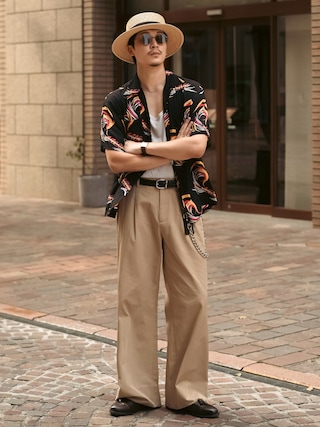 「ReqHatter(レックハッター)の麦わら ロングブリム カンカン帽(ハット)」を使った、Takeru.さん(メンズ・178cm)の夏コーディネート