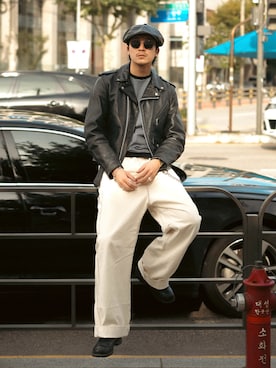 「ReqHatter（レックハッター）の本革 ラムレザー（羊革） ビッグフォルム キャスケットハンチング（キャスケット）」を使った、Takeru.さん（メンズ・180cm）の秋コーディネート