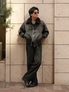 LURAKU】Synthetic Leather Fur Collar Jacket / LURAKU