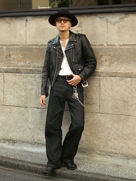 「アイテム（ライダースジャケット）」を使った、Takeru.さん（メンズ・180cm）の秋コーディネート