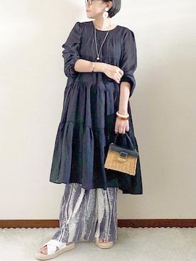「Futier land（フューティアランド）のマーブル柄プリーツワイドパンツ（その他パンツ）」を使った、naoさん（レディース・156cm）の夏コーディネート