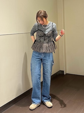 「Lee（リー）のLee/リー ワイドペインターパンツ ワーク デニム DUNGAREES/ダンガリーズ/ワイドデニムパンツ/ペインターパンツ【定番カラー】（デニムパンツ、ブルー系）」を使った、motomiさん（レディース・163cm）の夏コーディネート