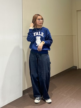 「Lee（リー）のSUPERSIZED コクーン　ペインターパンツ（デニムパンツ、ブルー系）」を使った、motomiさん（レディース・163cm）の春コーディネート