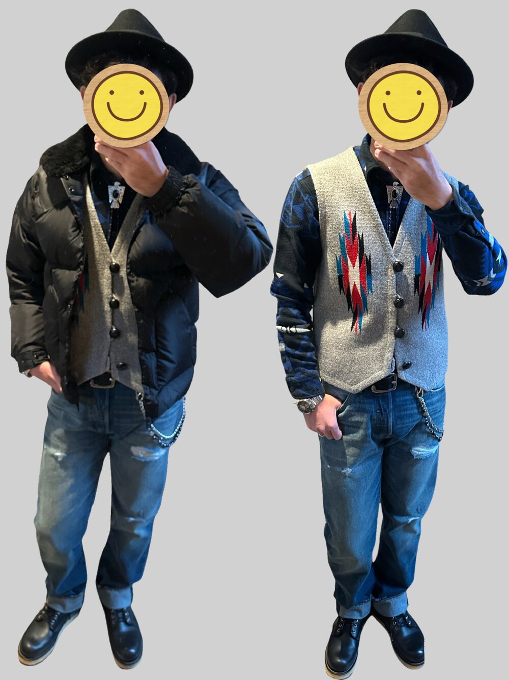 「ハット、アメカジ、アメカジコーデ、オルテガ、ベスト、ベスト×シャツ、ポロラルフローレン、ラルフローレン、ネイティブ柄、ループタイ、ヴィンテージワークス、Levi's、リーバイス501、ダメージデニム、RED WING」｜「Sense of GraceのTHE FELT HAT ウールフェルトハット 小さいサイズ S/大きいサイズ XL（ハット、ブラック系）」を使った、ワン🐶太郎 さん（メンズ・170cm）の冬コーディネートの1枚目の写真