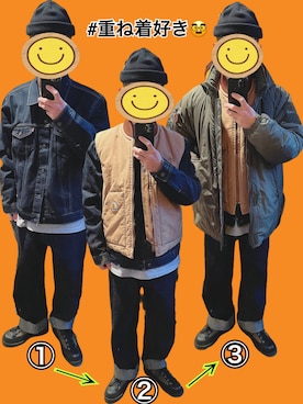 「carhartt」｜「アイテム（デニムジャケット）」を使った、ワン🐶太郎 さん（メンズ・170cm）の冬コーディネート