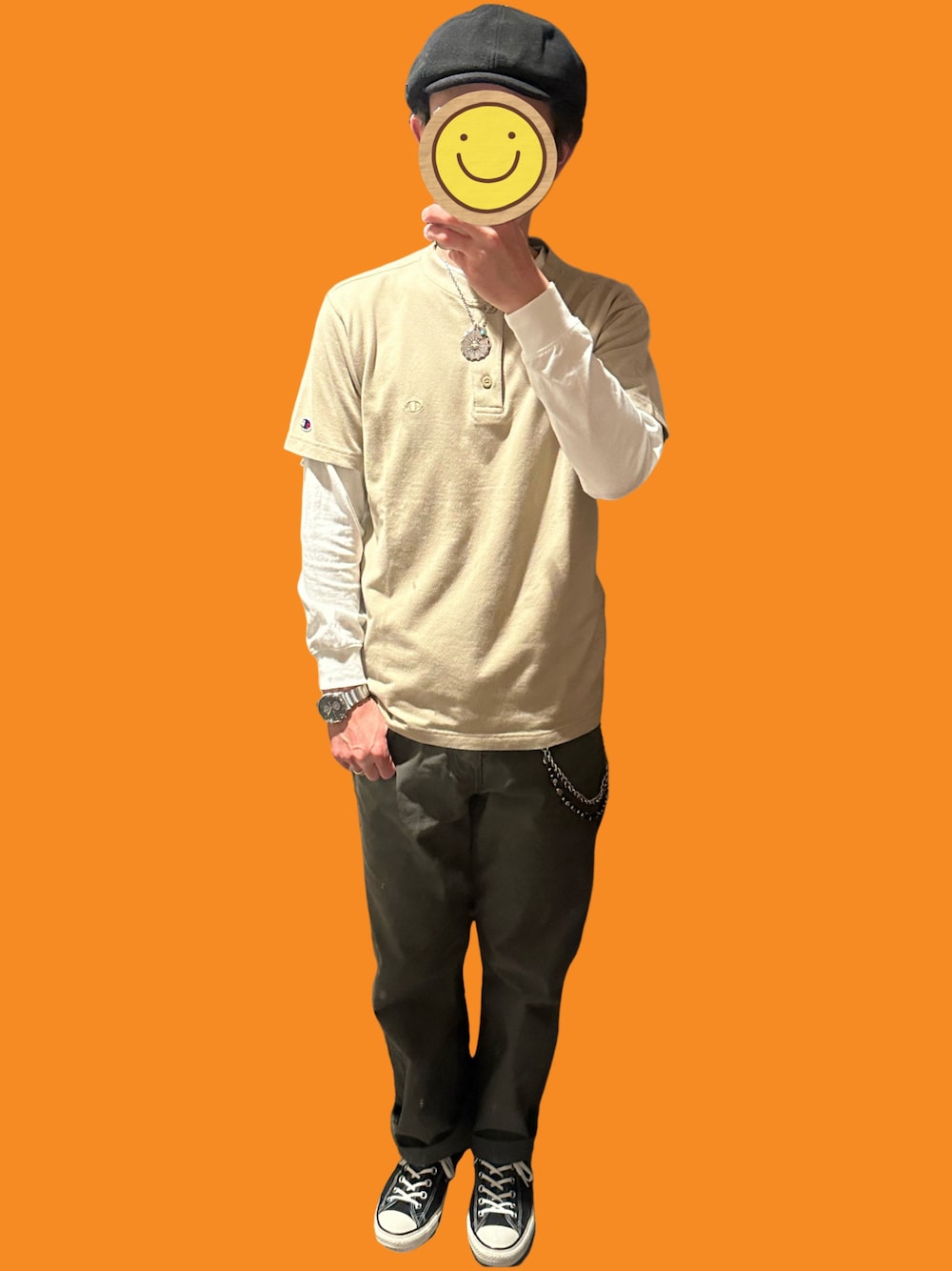 「キャスケット、チャンピオン、Champion、ポロシャツ、back number、重ね着、ロンT、Tシャツ、リーバイス、Levi's、カーキ、オリーブ、converse、アメカジ、アメカジコーデ」｜「STETSONのアイテム（キャスケット、ブラック系）」を使った、ワン🐶太郎 さん（メンズ・170cm）の春コーディネートの1枚目の写真