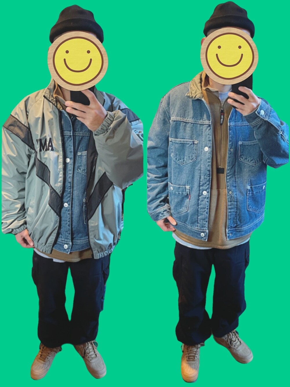 「ミリタリー、重ね着、NIKE、デニムジャケット、リーバイス、フリース、古着MIX、Levi's、ビーニー、アルファ、LEVI'S RED、NIKE AIR FORCE、米軍、ミリタリーコーデ、わんこ」｜「米軍トレーニングウェアの米軍トレーニングウェア（ナイロンジャケット、グリーン系）」を使った、ワン🐶太郎 さん（メンズ・170cm）の秋コーディネートの1枚目の写真